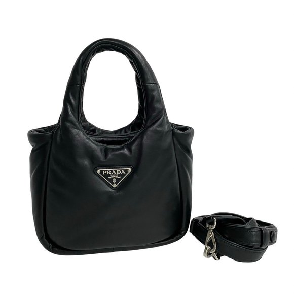 PRADA Triangle Logo Soft Padded Nappa Leather Genuine 2-Way Mini Handbag/Shou... - Picture 1 of 8